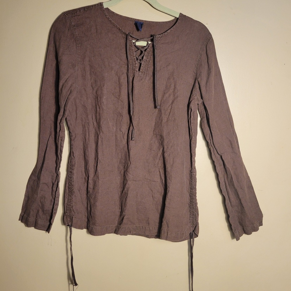 Gap Womens Brown 100% Linen Lace Up Peasant Blouse Long Sleeve Side Ruched Sz M